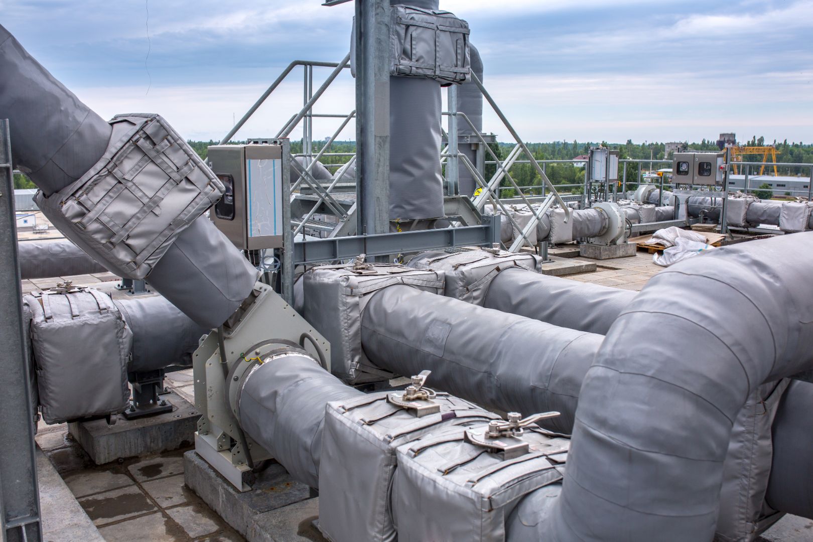 piping system on an urban rooftop