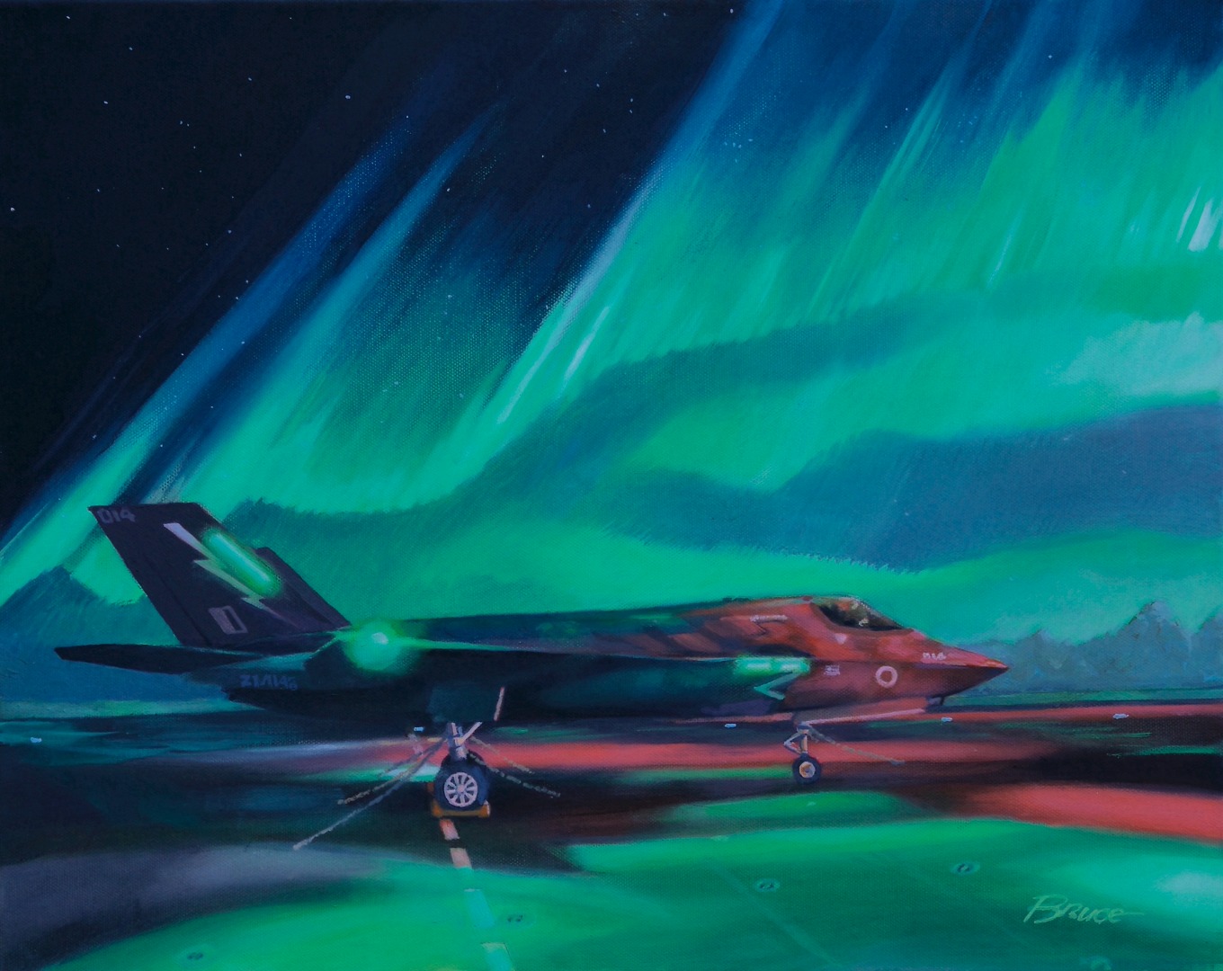 Star of the Northern Lights. 617 Squadron RAF Dambusters F35b with HMS Queen Elizabeth's deck night lights