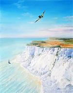 RAF Supermarine Spifire guarding the White Cliffs of Dover in a painting by Bruce MacKay