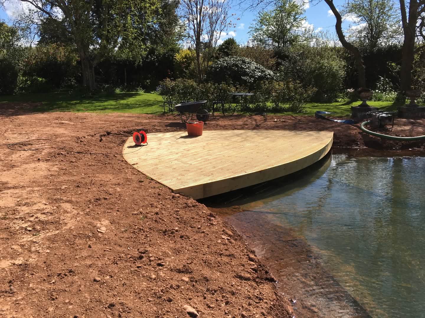 Large deck and jetty feature on a lake in Somerset