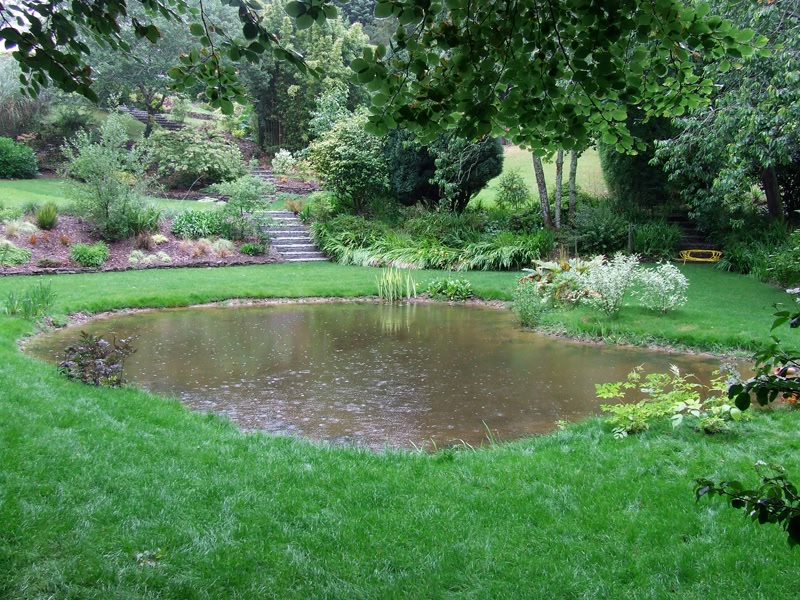Large garden pond with sun lounger deck and liner installed in Somerset