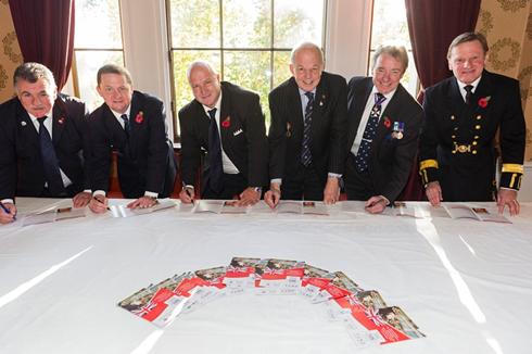 Signing their Merchant Navy Fund direct debits, (L-R), Steve Todd, National Secretary, RMT; Mark Dickinson, General Secretary Nautilus International; Bob Crow, General Secretary, RMT, Capt David Parsons, Chief Executive, Merchant Navy Welfare Board;, Cdre Barry Bryant, Director General, Seafarers UK and Captain Ian McNaught, Deputy Master, Trinity House