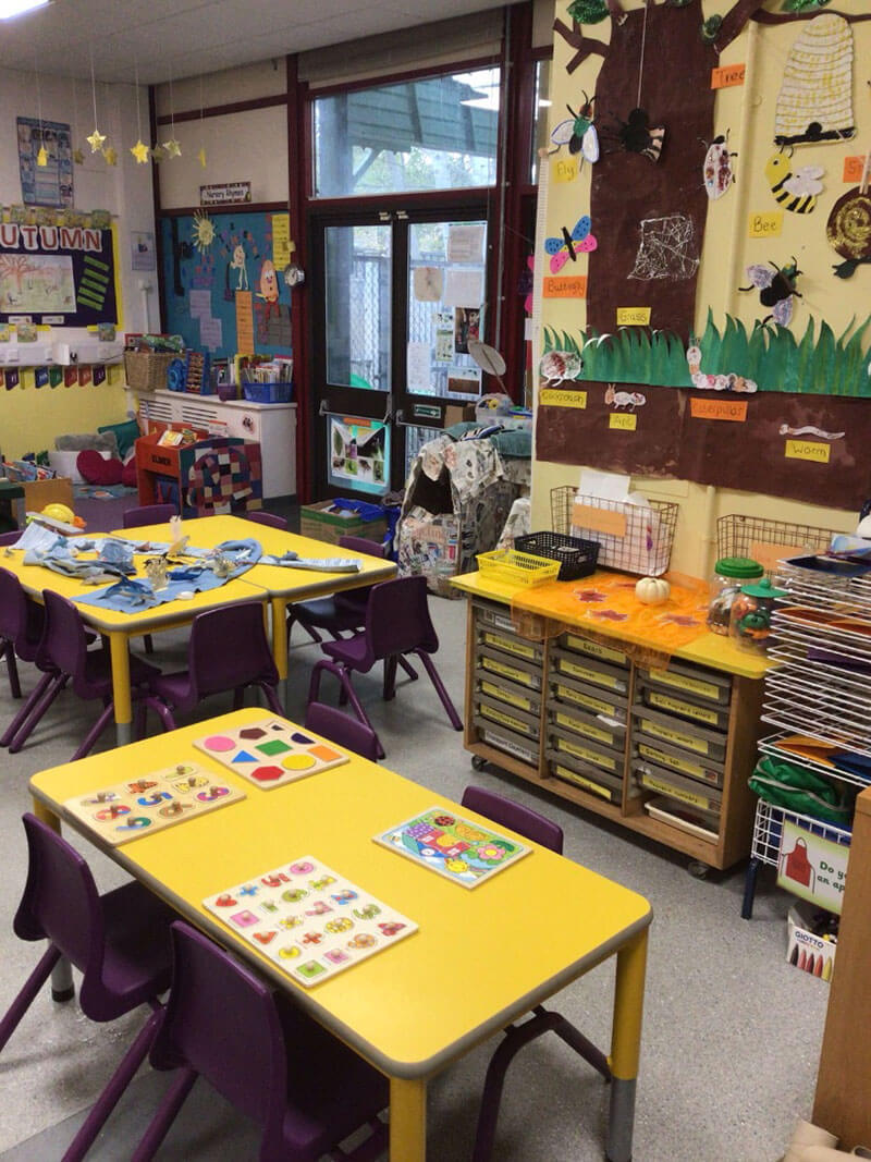 sunbeams preschool room desks with numbers and shapes