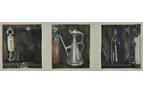 Kitchen things. Three pictures in crayon on paper, each 4.5in x 4in. Not for sale.