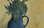 Green leaves in blue jug. Oil on canvas. 10in x 14in.