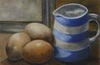 Eggs with jug. Oil on oil paper 6in x 8in. SOLD