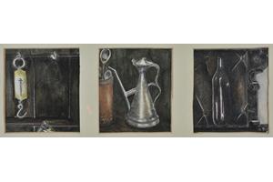 Kitchen things. Three pictures in crayon on paper, each  4.5in x 4in. Not for sale.