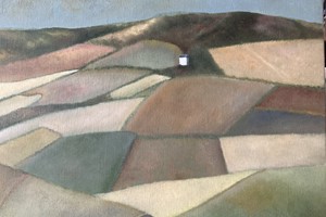 Tall white farm in the valley. Oil on linen. 30cm x 40cm