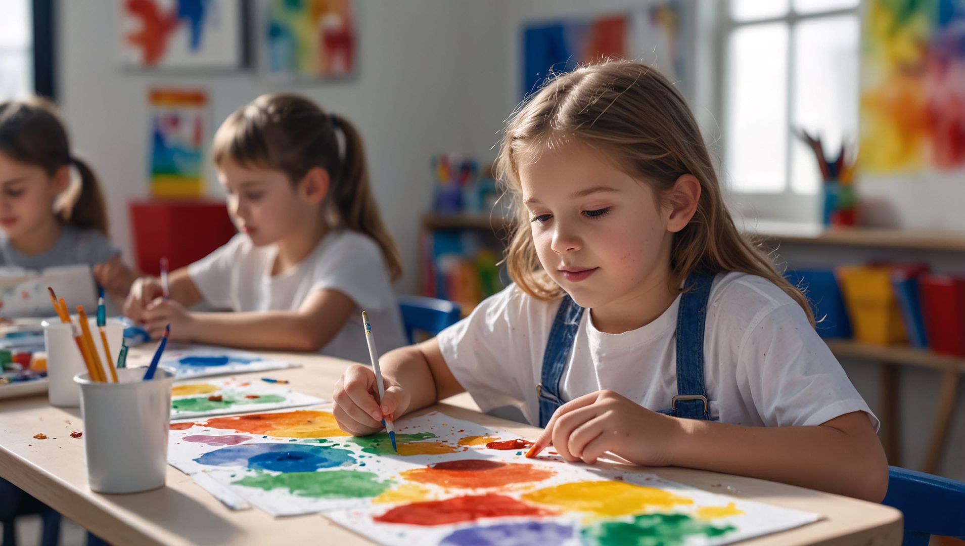 Cute little girl painting with watercolors
