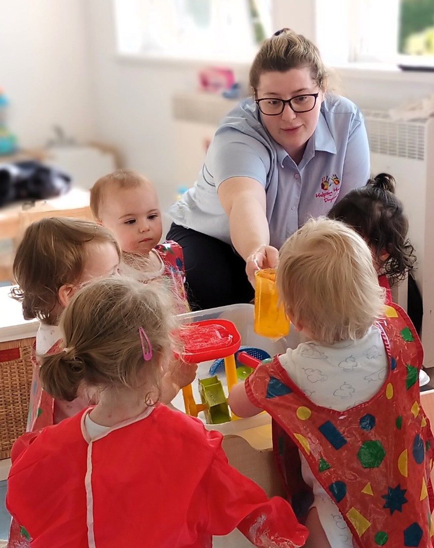 Little kids and worker