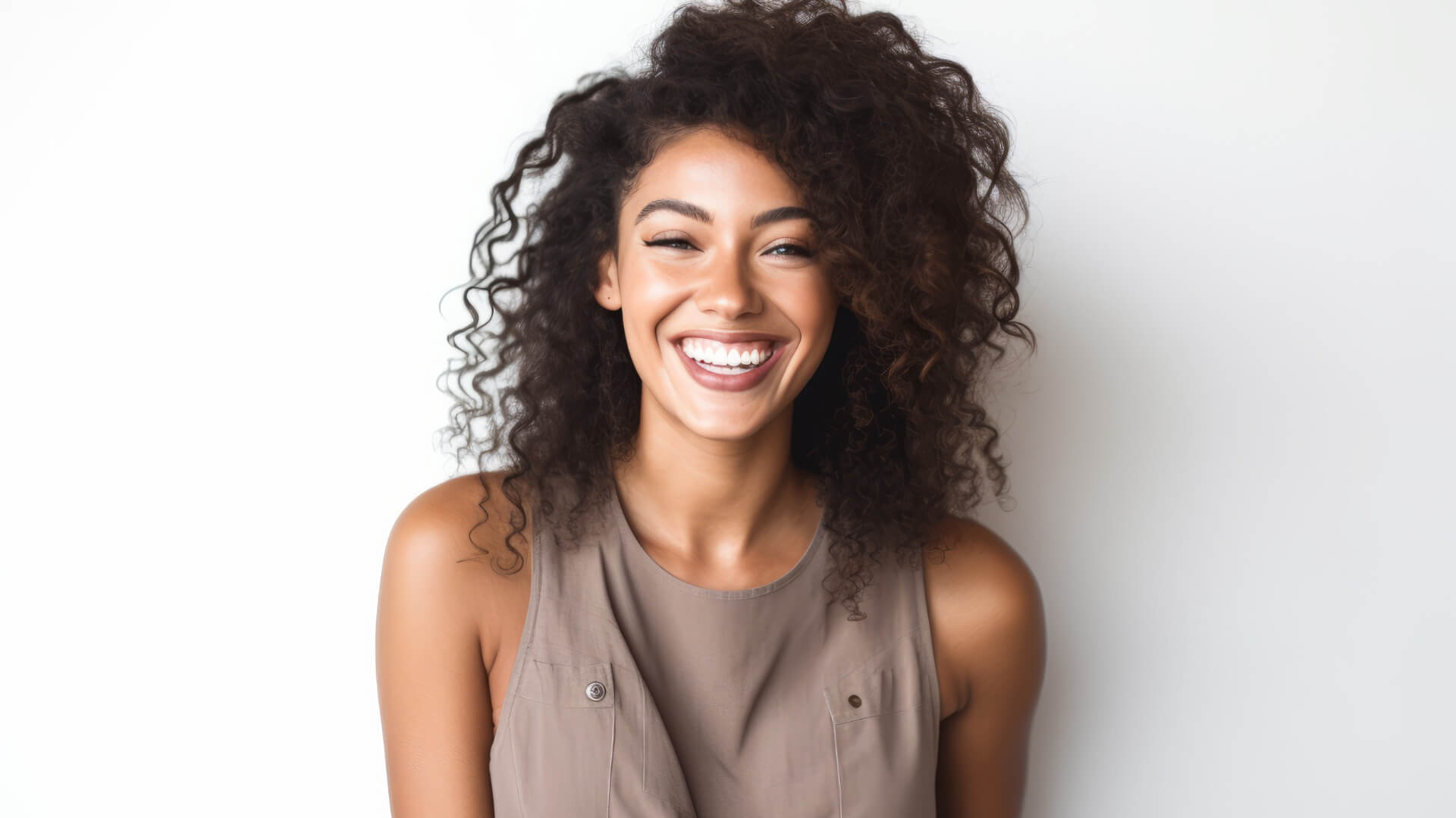 woman with curly hair laughing