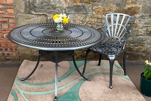 Outdoor dining set powder coated Antique Silver. 