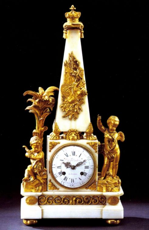 French White Marble Obelisk Clock by Dubois