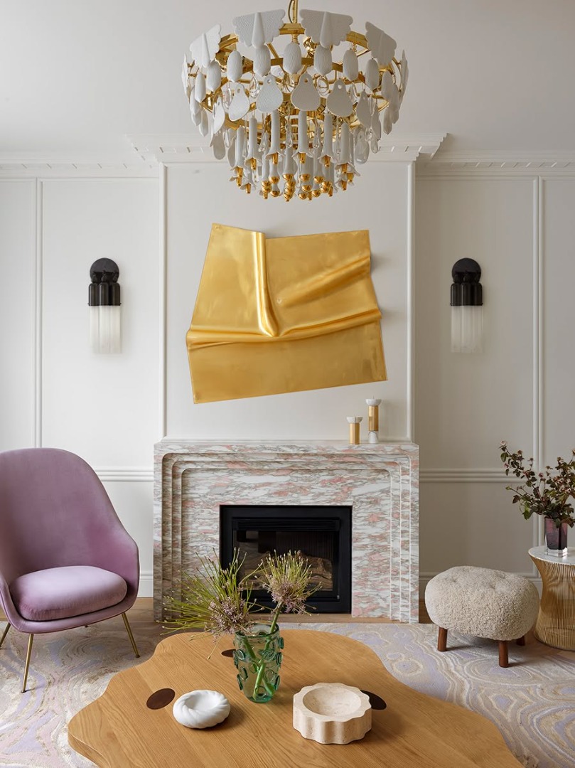 White living room with fireplace