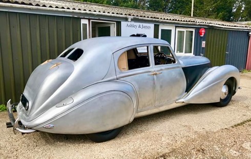 Rear three-quarter view of the hand-built 1939 Bentley Corniche body, showing the sweeping aluminium coachwork created by Ashley & James Coachbuilding.