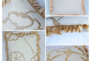 Manuel Canovas 'Flore' linen, piped with thai silk, antique silk ruffle edging, backed with antique beige persian silk 44cm x 40cm