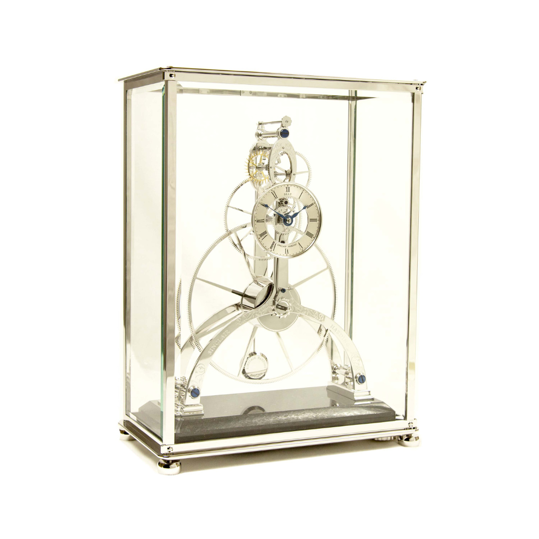 Great wheel skeleton clock in case
