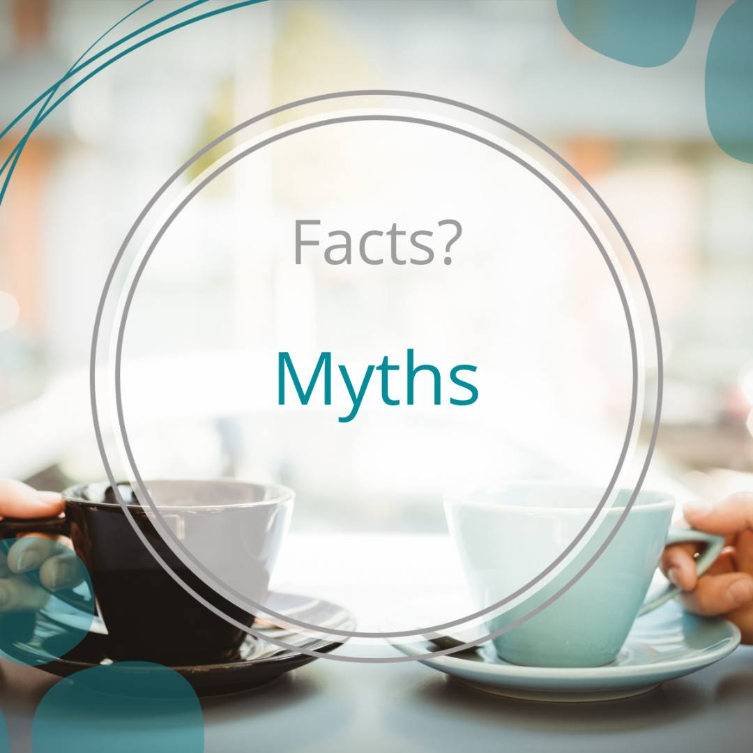 Two cups of tea with the heading 'facts' and 'myths' - establishing the facts and the myths about hiring a virtual assistant. 
