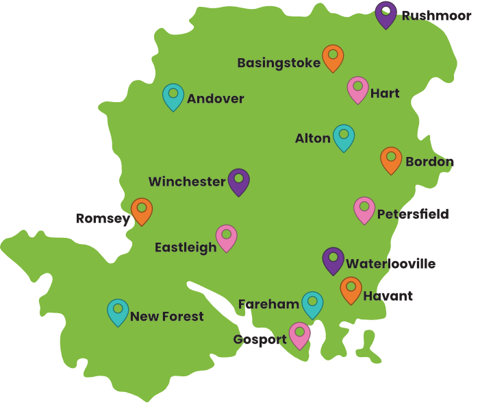 Map showing locations of Hampshire Healthy Families Services
