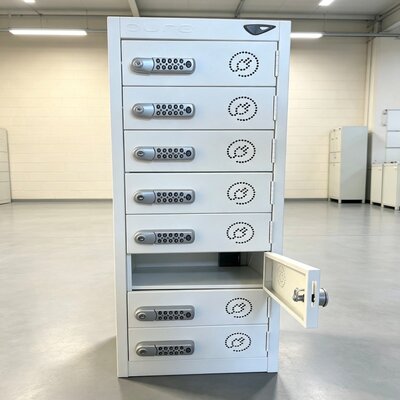 Silver Locker that has 8 code-locked compartments accessed by a user-set 4 digit code.