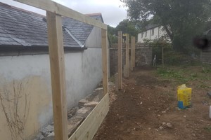Insert start & end posts, attach a tight string line at equal post points. A long spirit level gauges plumb level off the string line & a panel width gauges post centres. Allow 40mm cement around posts & 40mm gravel drainage in the hole under the post.
