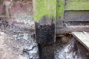 Wood rot on fence post needs identifying & treating the decay with rot hardeners and treatments to attack fungal spores before completing the repair.