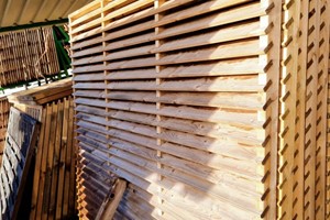 Venetian panels have a tilted horizontal slat to allow privacy & water run off. It gas a full frame 2 vertical rails with incisions in to support the tilted slats.