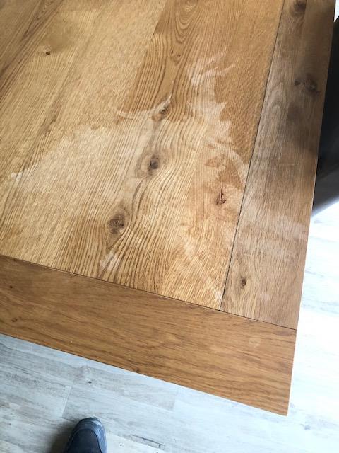 Oak furniture land, Chemical spill repair on dining table, before