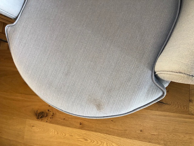 Laura Ashley, Tea and food stained removal on swivel chair seat cushion, before
