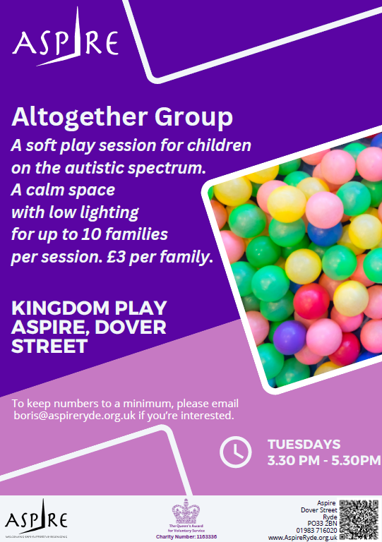 Altogether group at aspire, a soft play session for children on the autistic spectrum. Tuesdays 3.30pm to 5.30pm