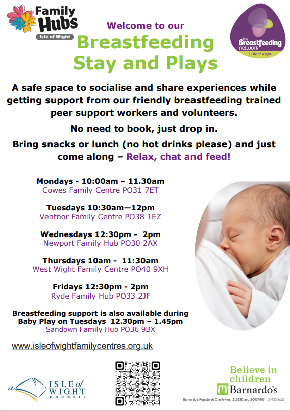Breastfeeding stay and play sessions at family centres, picture of the barnardos logos, a family, and times and locations of the sessions.
