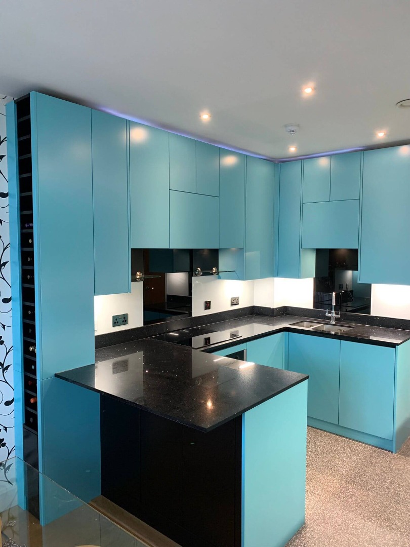 Black and blue kitchen bespoke panels