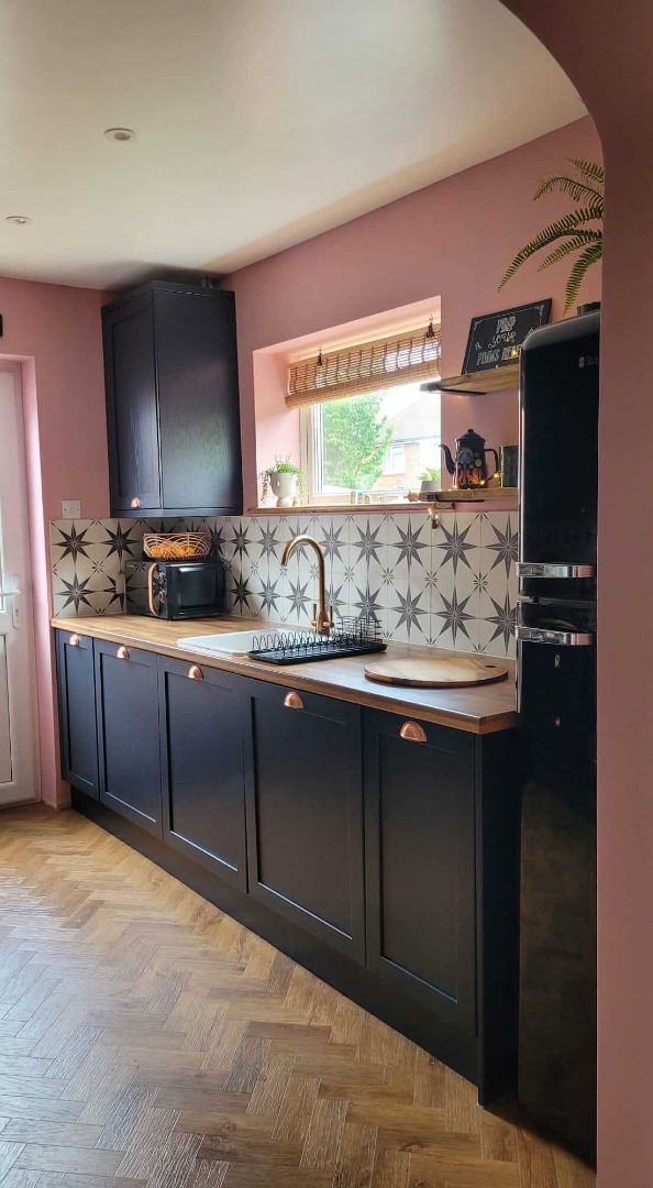 navy blue installed kitchen sink side