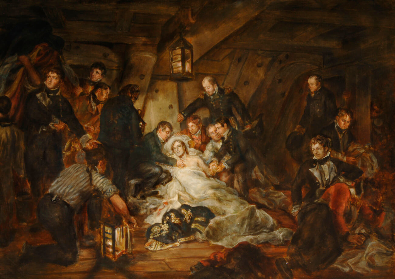 painting of a wounded bride surrounded by sailors