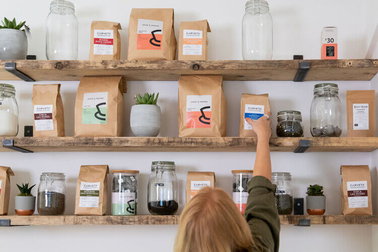 tea and coffee on shelves
