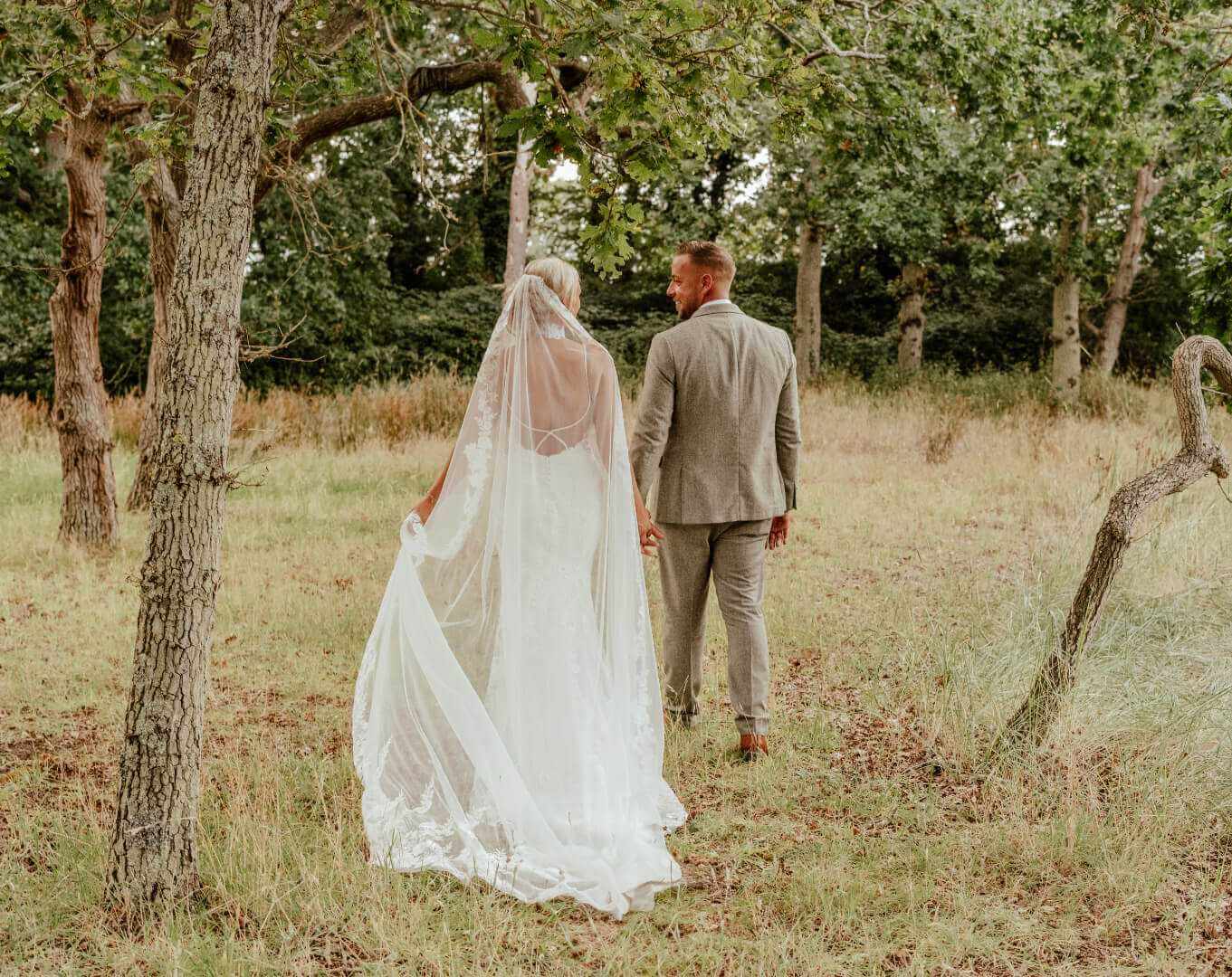 bride groom walking forest