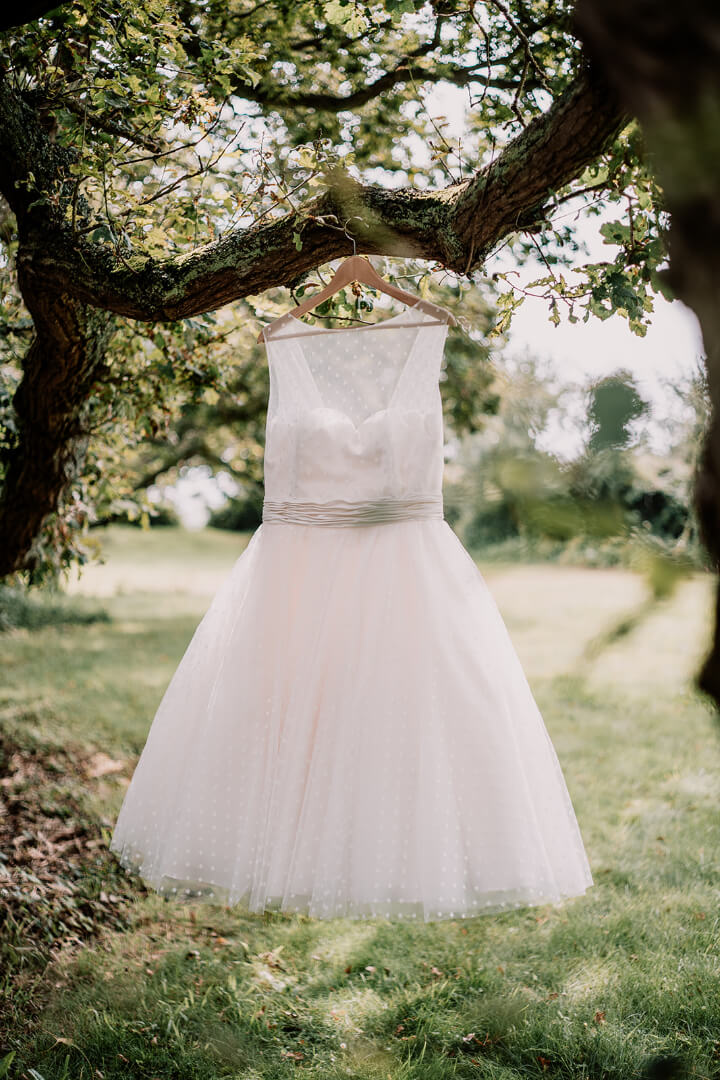 white dress hanging on tree