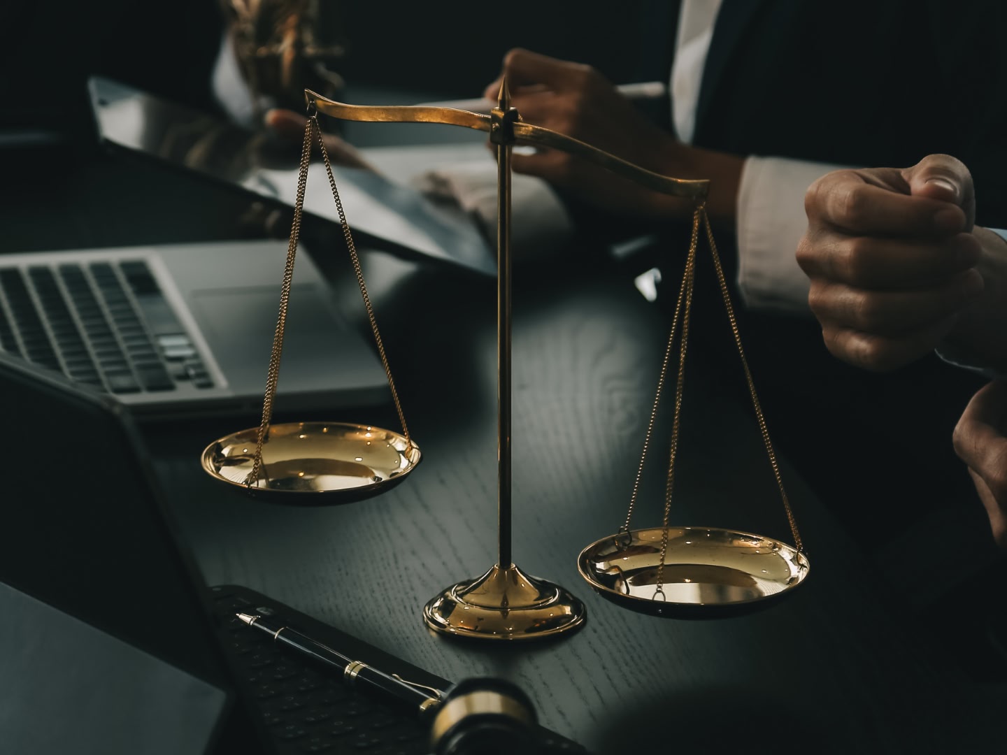 Judicial scales at table