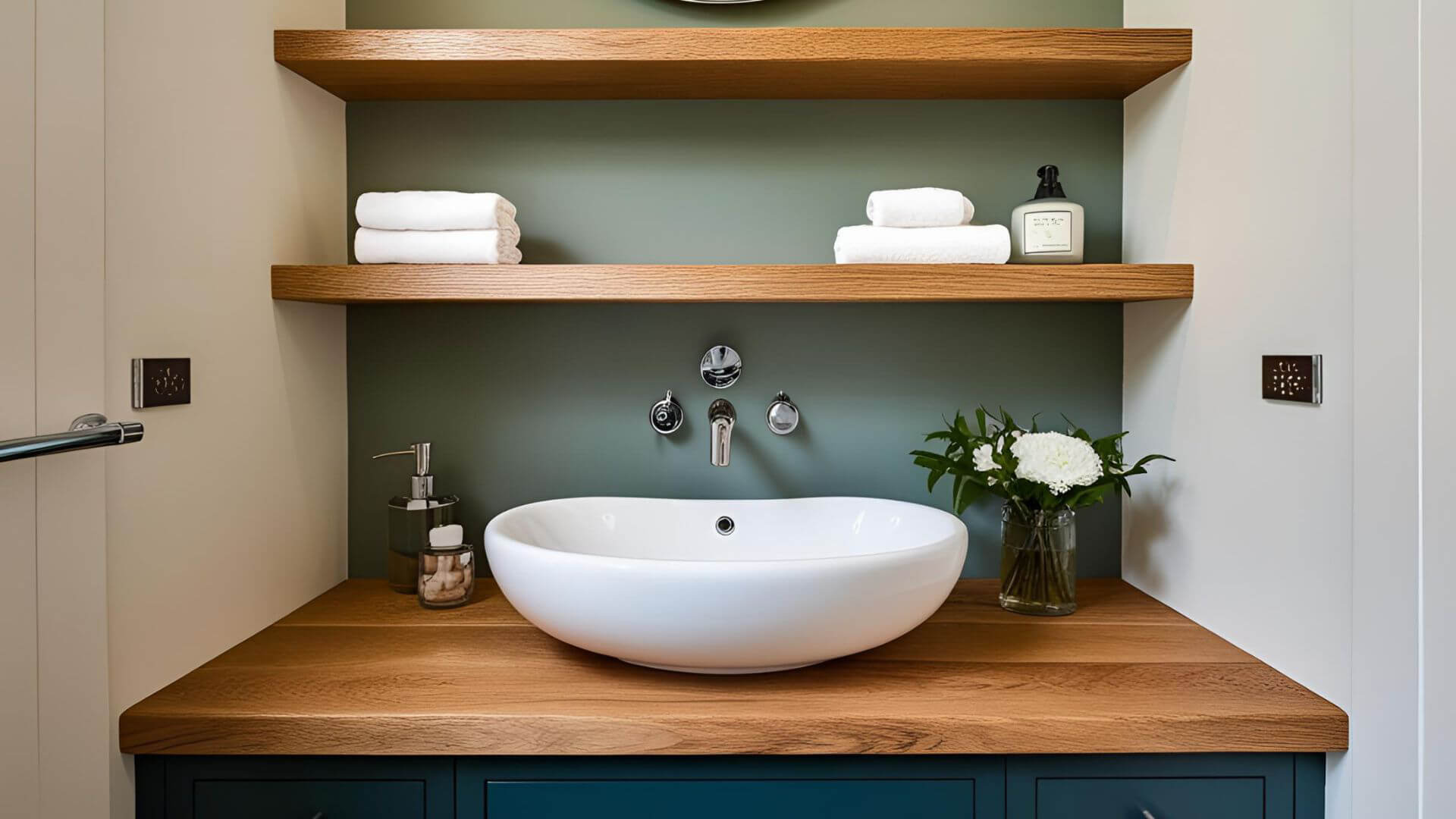 Bathroom with solid oak shelves