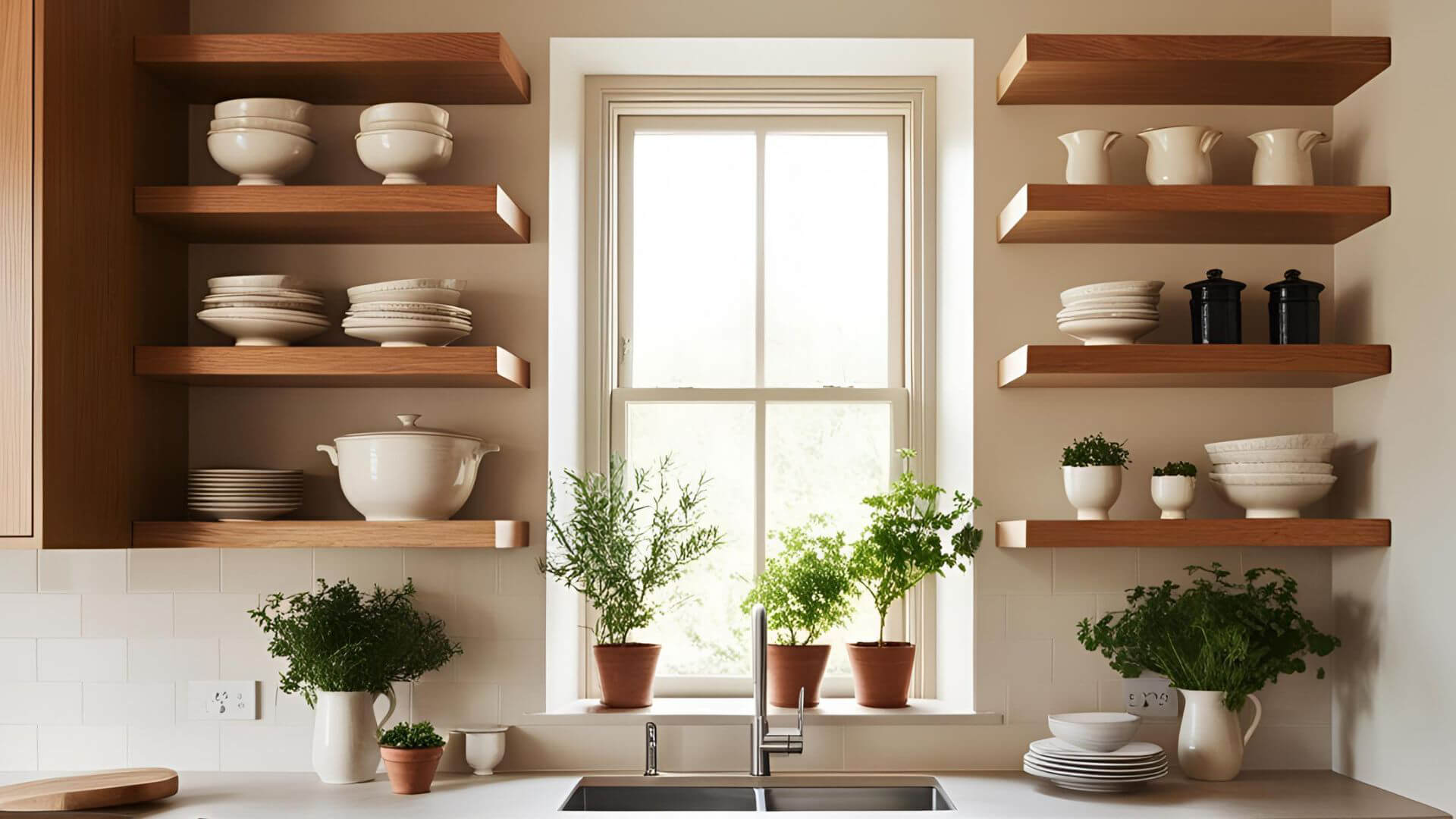 Modern kitchen with solid oak shelves 