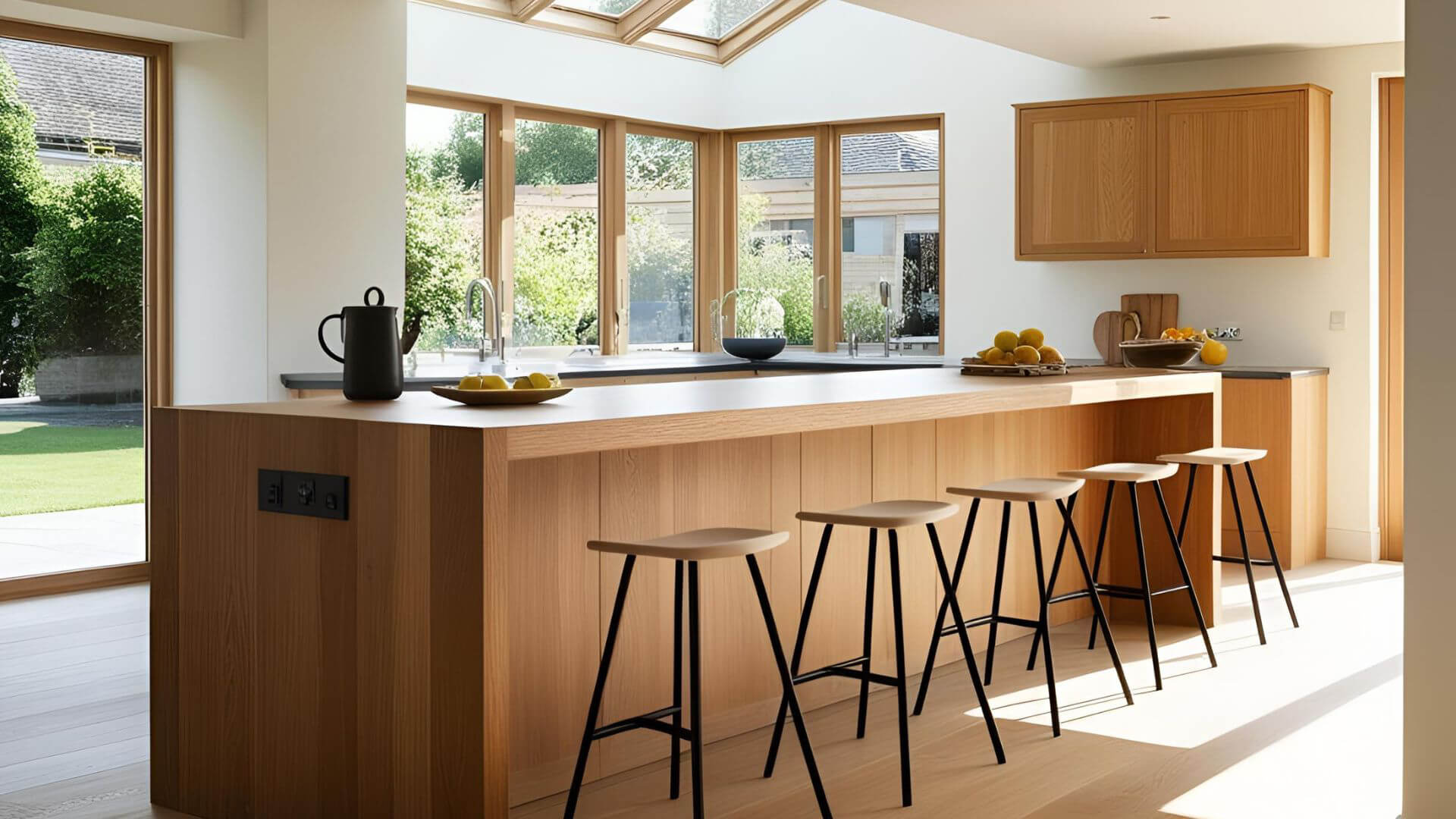 Solid oak narrow breakfast bar with stools