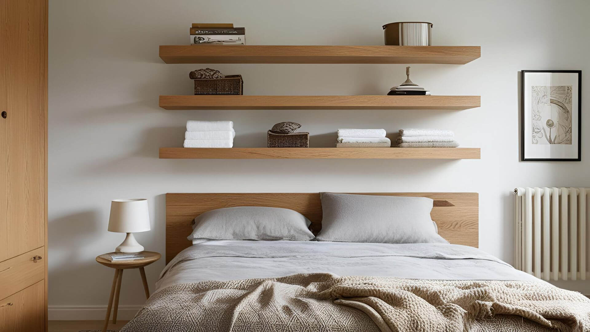 Solid oak shelves in bedroom