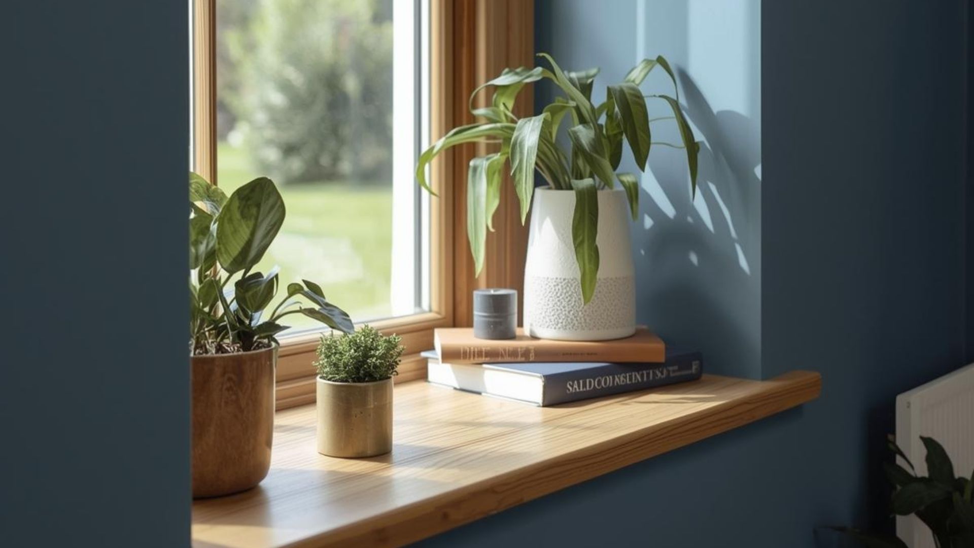 Oak windowboard in blue lounge