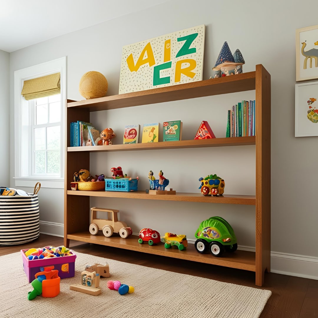 Children room with oak shelves