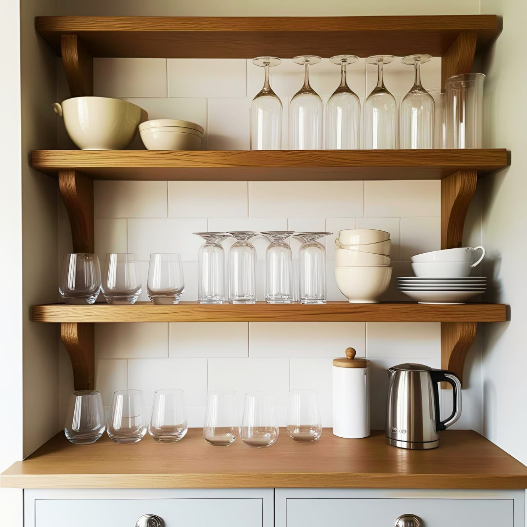 Glass on the shelves in the kitcken