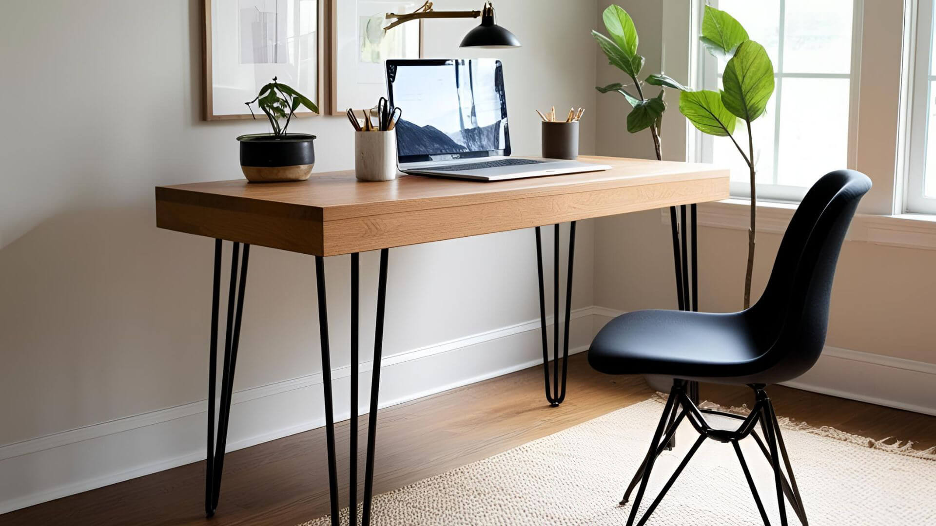 Oak desk with black metal hairpin legs