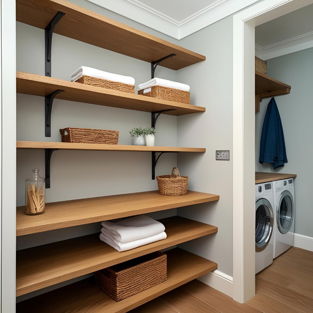 Oak shelves in the laundry room