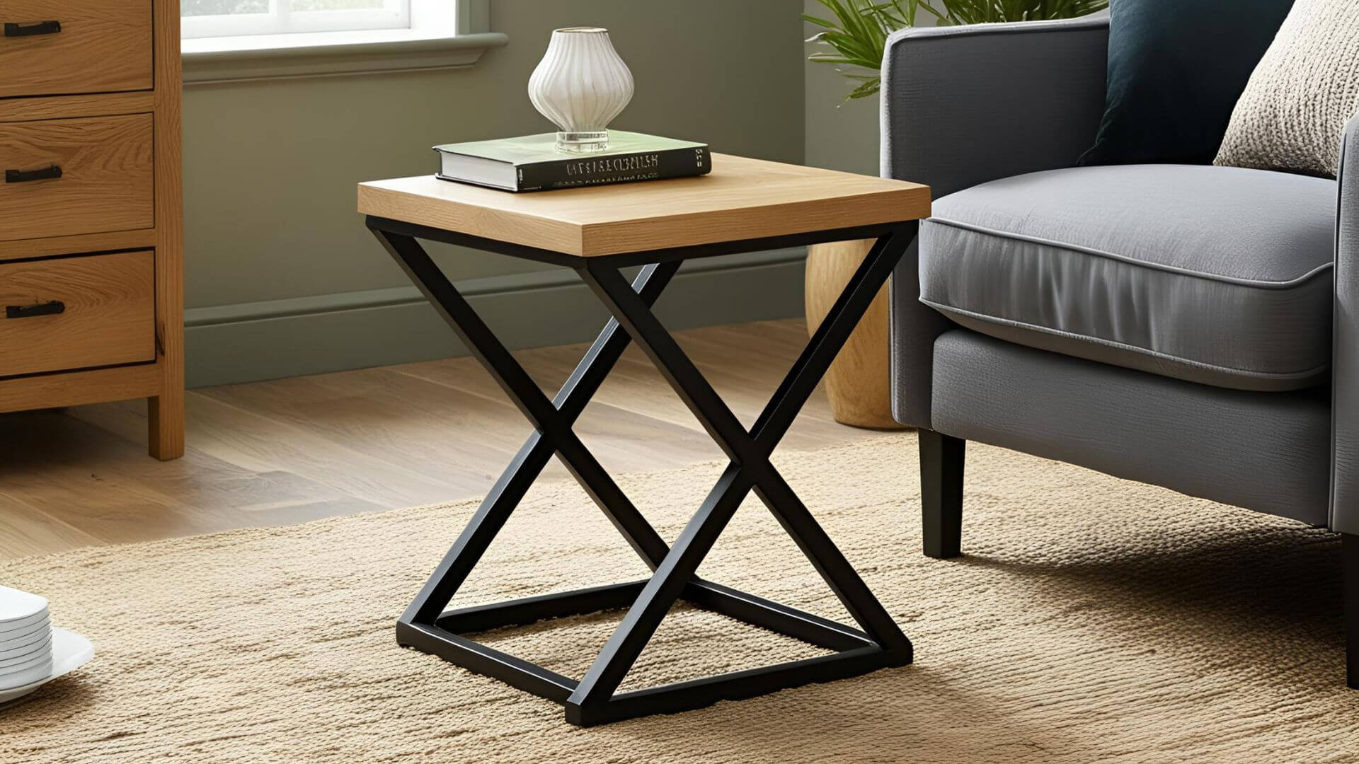 Oak side table with black metal cross legs