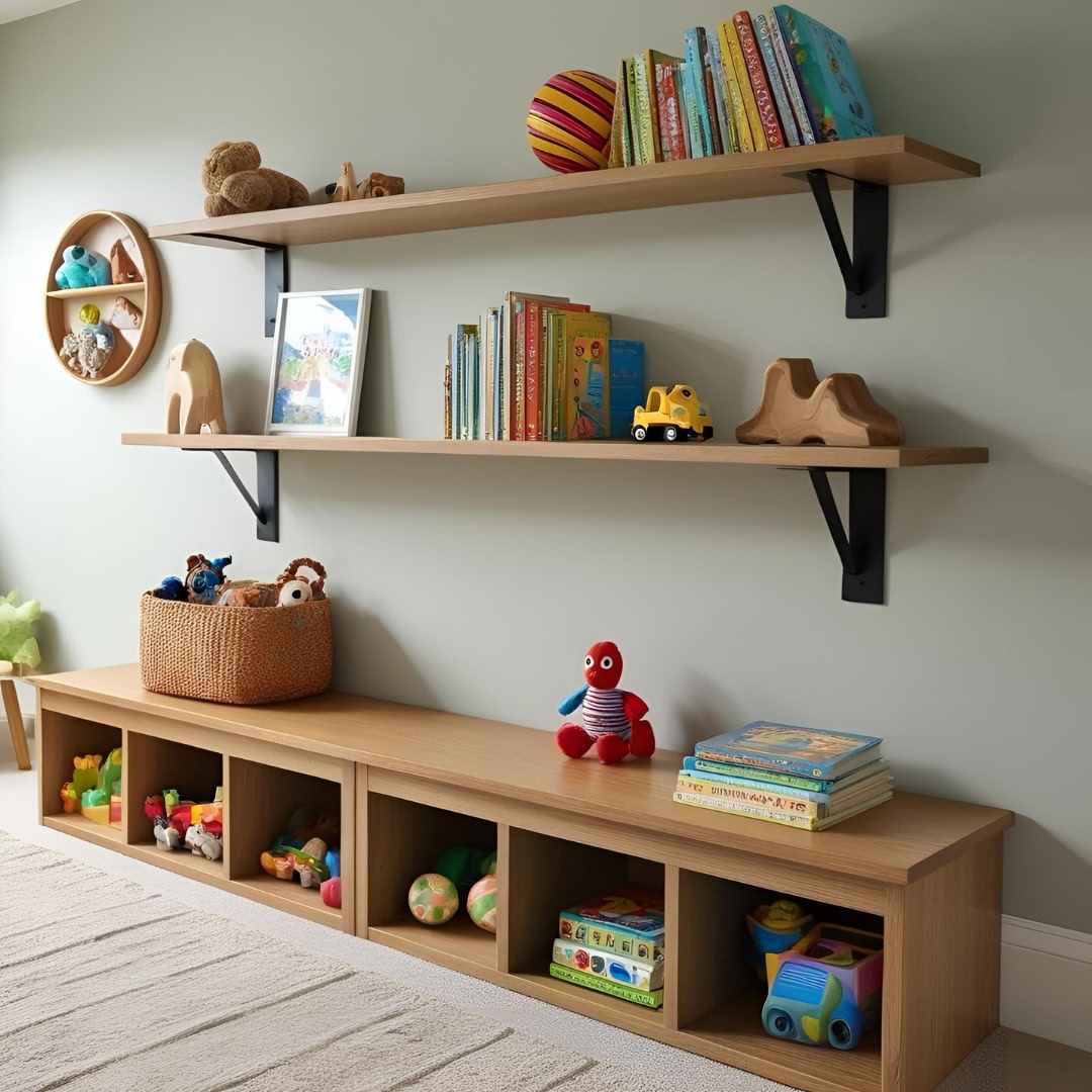Shelves in a white kids room