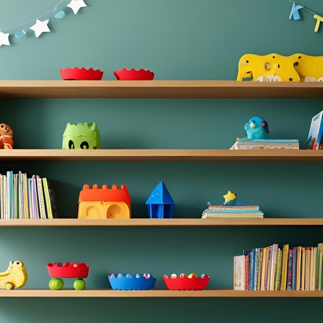 Shelves on a green wall